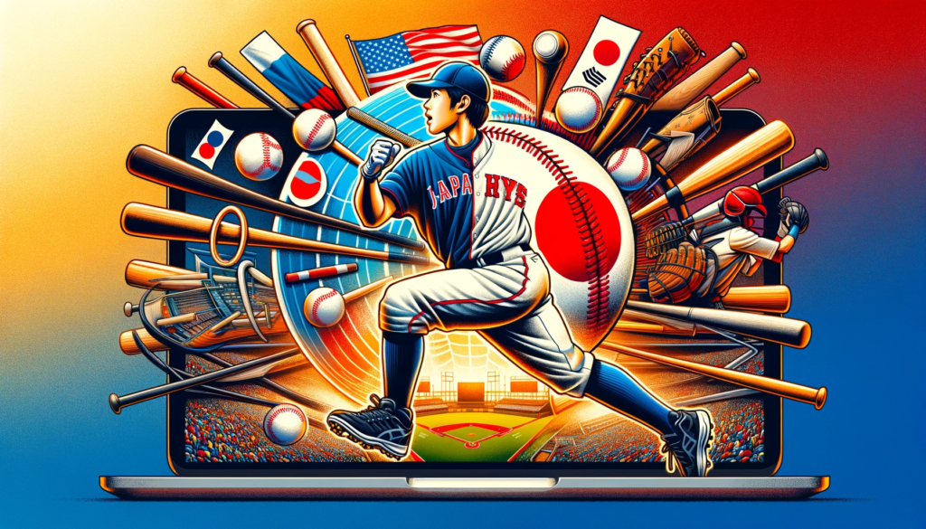 日本の野球スターがメジャーリーグベースボール（MLB）へ移籍する様子を象徴的に表現しており、日本の野球文化とアメリカの野球文化が融合していることを示しています